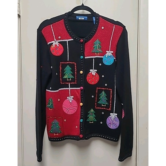 Karen Scott Sweaters - Karen Scott Christmas Cardigan‎ Sweater Trees And Ornaments Women's Size Medium